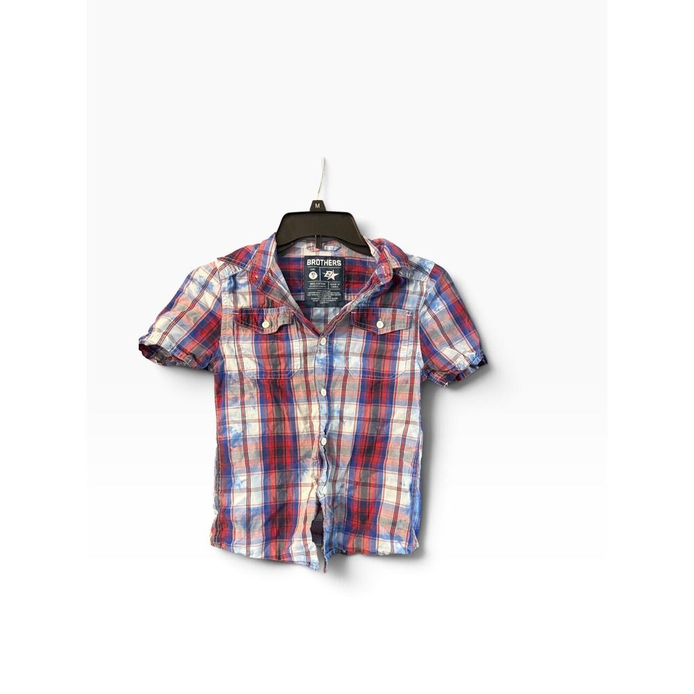 Brothers Boys Red Blue White Plaid Short Sleeve Button Up Shirt Size XS 7